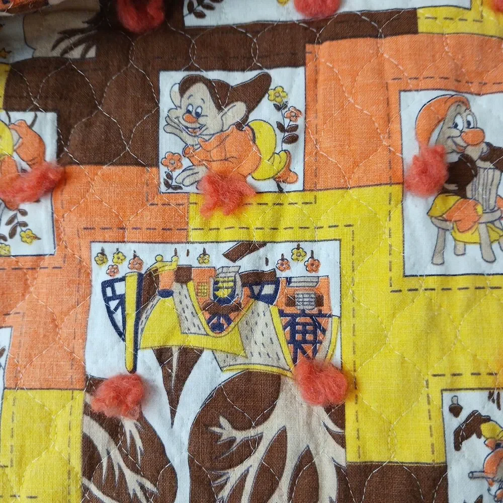 Vtg  Handmade Baby Quilt Flannel Disney Snow White Dwarfs MCM Tied